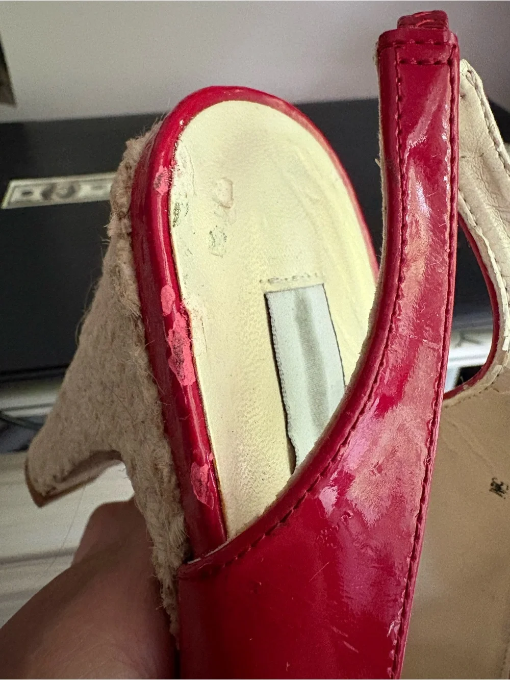 Spiegel Red Patent Peep-Toe Espadrille Wedges